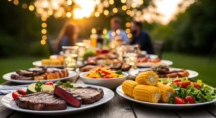 Delicious Summer BBQ Feast with Grilled Steaks and Corn on the Cob at Sunset Outdoor Gathering