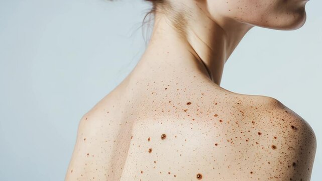 Woman's back and shoulder with many moles and skin spots on fair skin