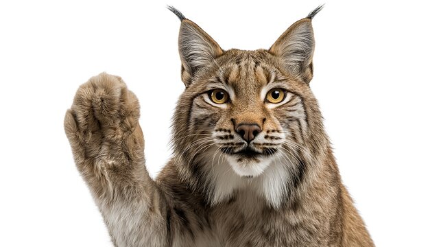 Iberian lynx, Lynx pardinus smiling and giving a high five isolated on white