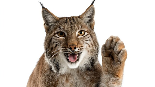 Iberian lynx, Lynx pardinus smiling and giving a high five isolated on white