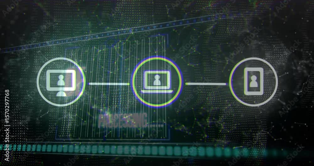 Poster starting dark network device icons linking and processing identities with moving progress bar