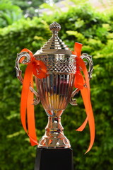 beautiful golden trophy with orange ribbon on green tree background