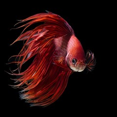 Vivid red betta fish with flowing fins against a black backdrop.
