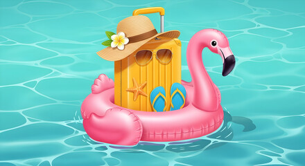 Tropical Summer Vacation Ready: Luggage with Hat, Sunglasses, and Flip-flops in a Flamingo Pool Float