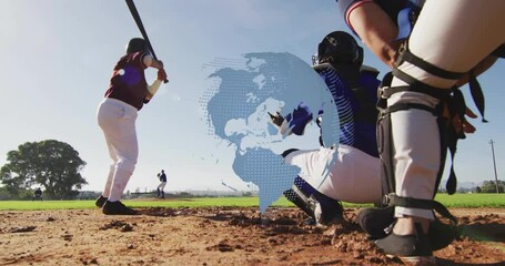 Pitcher releasing baseball pitch, batter swinging and catcher bracing under rotating globe overlay - Powered by Adobe