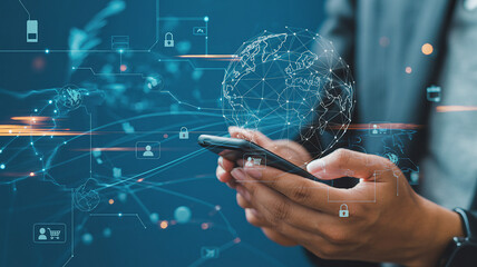 Hands holding smartphone with digital globe and network connections technology