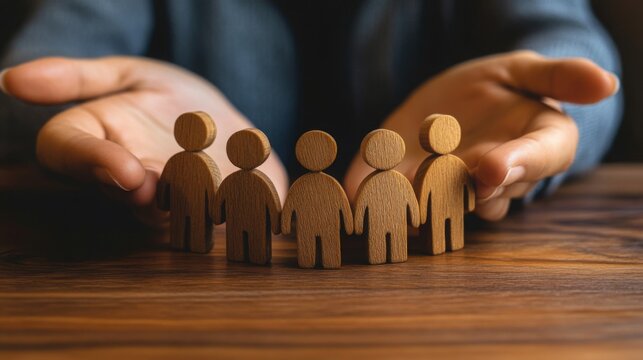 Hands protectively surrounding a row of wooden human figures symbolizing care, A professional team engages in customer managed relationship (CMR) strategies