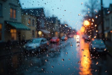 Serene Rain Close-Up of Raindrops Cascading on Windowpane, Blurring a Calm, Impressionistic Outdoor Scene. Soft Light, Gentle Precipitation, Peaceful Atmosphere.