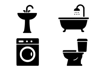 Silhouettes of Bathroom Fixtures in Black on White Background