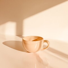 Peach-toned mug on a white surface, illuminated by sunlight.