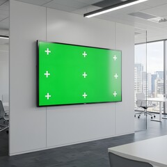 Large flat-screen monitor with a green screen display in a modern office space.