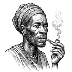 African Man Portrait Smoking Pipe Vintage Style Illustration