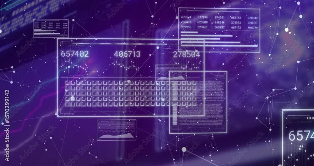 Poster after booting grid appearing, wireframe keyboard overlay refreshing data panels showing numbers