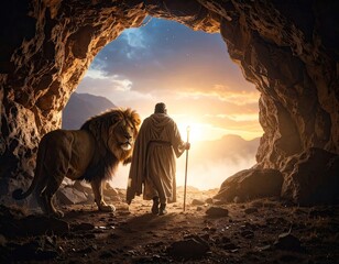 Man and lion in cave at sunrise