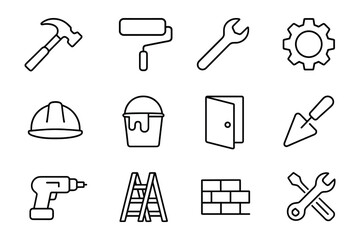 Obraz premium Construction and Renovation Icon Set in Outline Style for Building Projects