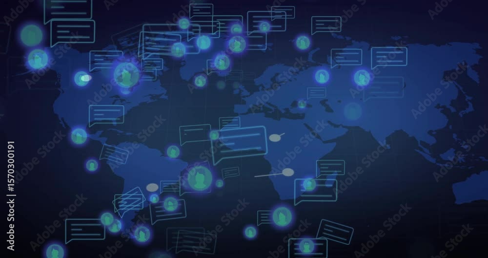 Poster upon map loading nodes pulsing, chat icons floating while lines connecting regions forming network