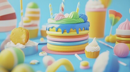 Colorful, stylized sweets arranged on a vibrant backdrop.