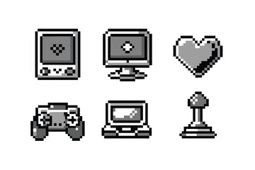 8-bit Retro Gaming Pixel Art Icon Set. Monochrome Arcade Sprites with Dithering. Vintage Video Game Symbols © revpy