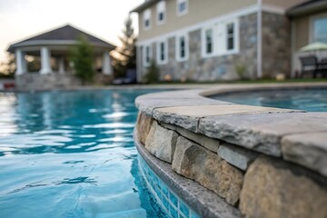Stunning Close-Up of a Luxurious Swimming Pool's Stone Coping and Sparkling Blue Water