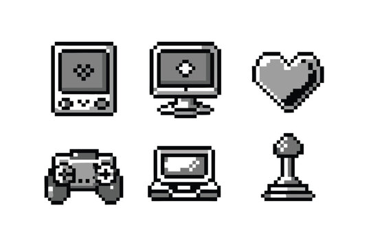 8-bit Retro Gaming Pixel Art Icon Set. Monochrome Arcade Sprites with Dithering. Vintage Video Game Symbols
