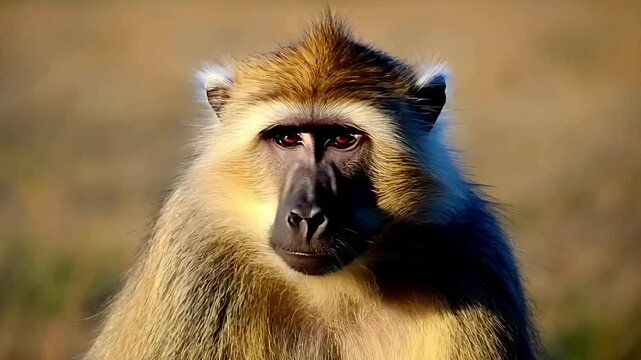 4k footage, Close-up of a young baboon animal in a natural setting with its expressive facial features, the baboon in a curious or alert posture
