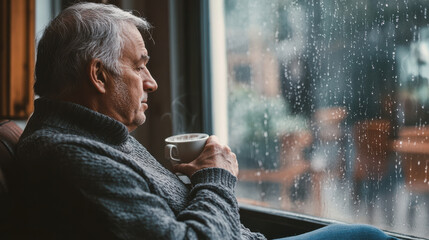 A senior man sitting by the window with a cup of coffee, watching the rain fall outside, enjoying a quiet, reflective moment. —ar 16:9 