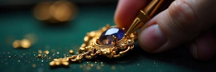 Master Jeweler Gilded Jewelry Close Up Expert Craftsmanship, Intricate Detail, Golden Enhancement, Luxurious Texture, Precious Metalwork, Artistic Process