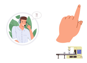 Customer support agent with headset, exclaiming with punctuation, hand pointing upward, automated conveyor machine. Ideal for customer service, communication, interaction, industry, automation