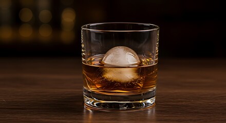 A classic, low-key shot of a crystal tumbler with amber-colored whiskey and a single, large, clear sphere of ice. Set on a dark wooden bar with a moody, warm ambiance.