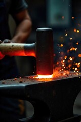 Blacksmith Hammering Hot Metal Sparks Fly in Dark Workshop - Traditional Craft