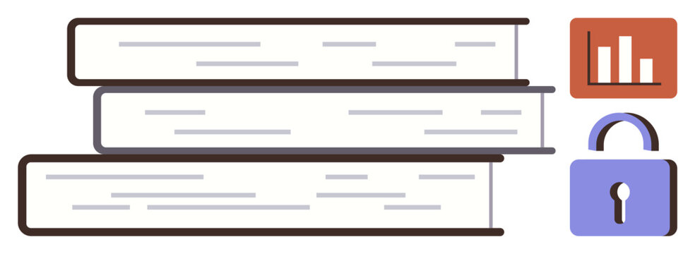 Stacked books next to a data chart and lock icon emphasize learning, security, analytics, education, digital resources, knowledge protection, and innovation. Ideal for e-learning platforms, simple