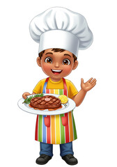 Cartoon Chef Illustration Boy Holds Steak Meal on Transparent Plate