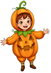 Cartoon Child in Pumpkin Costume Illustration Halloween Party Costume