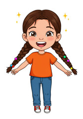 Cartoon Girl Illustration Cute Character with Braids Cheerful Isolated
