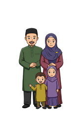 Cartoon Muslim Family Portrait Illustration Happy Traditional Culture