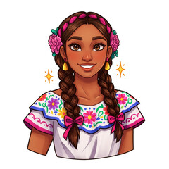 Cartoon Portrait Young Woman Braids Flowers Traditional Transparent