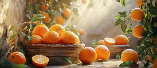 Fresh oranges in a basket, sunlight