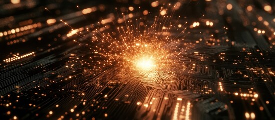 Abstract circuit board with fiery explosion