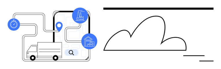 Delivery truck on a digital map with marked locations, stopwatch, factory, and warehouse icons. Cloud illustration and search icon emphasize logistics, efficiency, and technology. Ideal