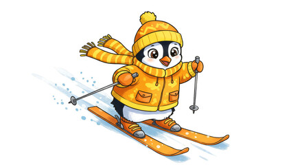 Cartoon Penguin Skiing Winter Snow Sport Illustration on Transparent BG