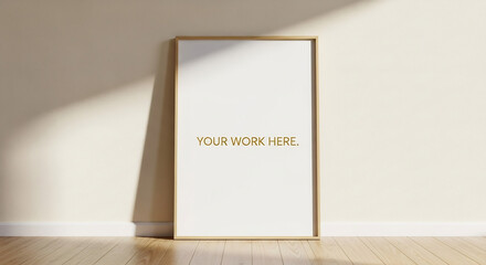 Minimalist Wooden Framed Poster Mockup with White Space and Gold Text.