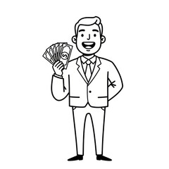 Obraz premium Cartoon Man in Suit Holding Cash Money Success Illustration PNG