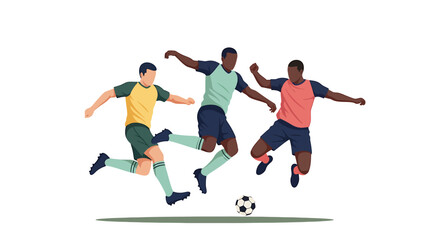 Soccer players leap for the ball in a dynamic illustration, showcasing teamwork concept with graphic design and copy space on a white background.