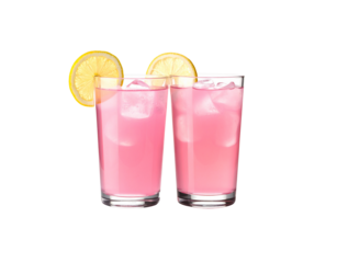 Two Glasses of Pink Lemonade with Lemon Slices and Ice Cubes.