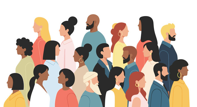 Diverse group of people stands, looking towards the same direction, embodying unity and community, with flat design for social inclusion.