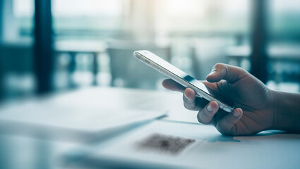 Fototapeta premium Hand holding smartphone in blurred indoor setting with white table and background.