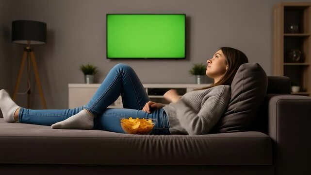 Relaxing Woman on Couch with Chips, Green Screen TV