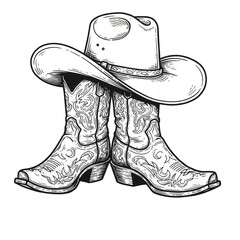 Cowboy Boots and Hat Line Art Western Country Isolated Illustration