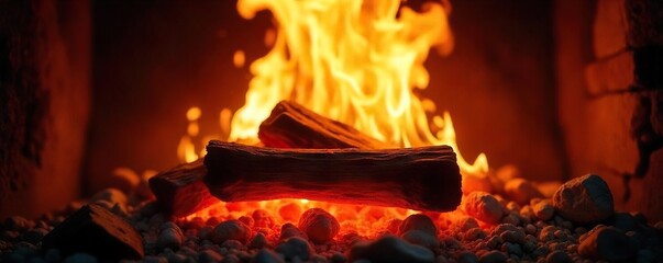 Intensely Burning Fireplace Fire, Close-up Shot of Glowing Embers, Warmth, Comfort, and Cozy Winter Scene