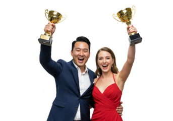 Celebrating Achievement Two Winners Holding Trophies Illustration PNG